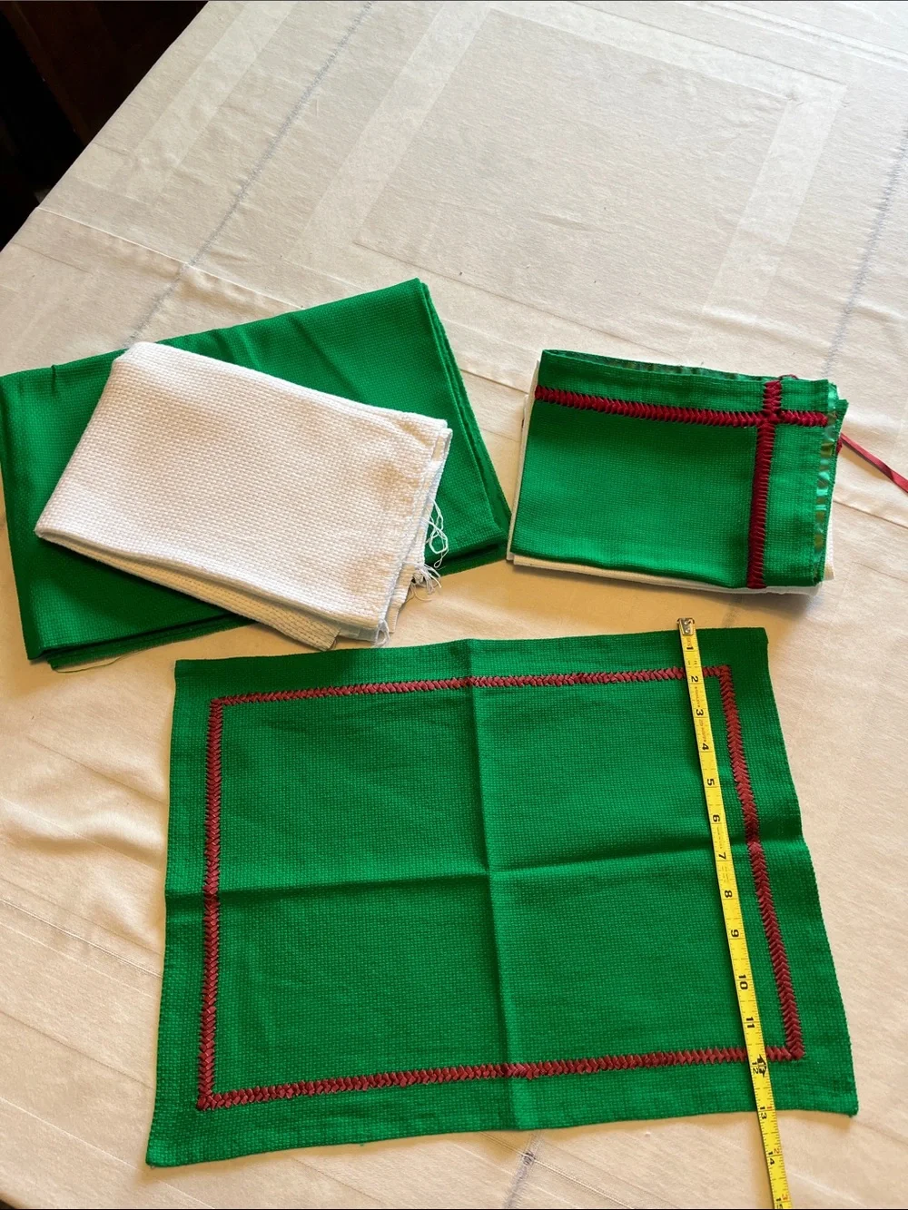 Two Green and White Waffle-Knit Textured Fabrics and 5 Unfinished Cloths
